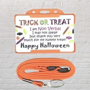 Tarjeta de identificación y cordón de Halloween truco o trato oculto con conciencia del autismo - Imagen 1 de 6
