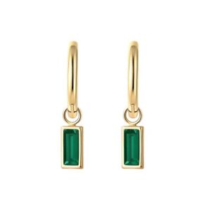 18ct Gold-Plated Hoop Earrings with Green Cubic Zirconia Rectangle Drop Charm