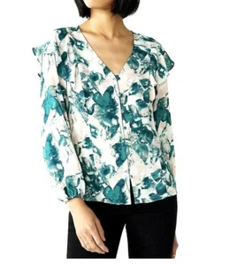 Nine West Blouse Women Small Green Floral Flounce Trim Long Sleeve New - Picture 1 of 1