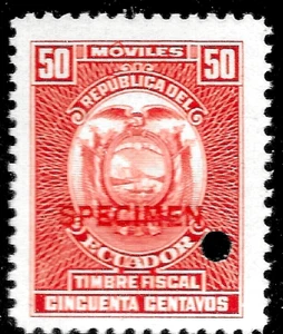 ECUADOR; Early 1900s Fiscal Revenue 50C.  SPECIMEN  🔥MNH OG VF - Picture 1 of 2