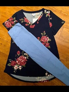 NWT LuLaRoe Outfit OS SOLID BLUE Leggings & M MAUVE ROSES on NAVY Christy T Top - Picture 1 of 5