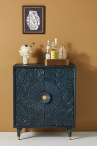 Handcarved Gulliver Entryway Cabinet Indigo Carving Indoor Sideboard - Picture 1 of 7