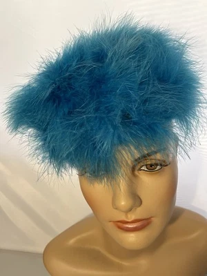 Винтажный яркий синий пушистый перо таблетки коробка шляпа - Изображение 1 из 4