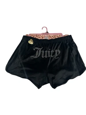 Juicy Couture 1X Velour Shorts 2 Pair Leopard/ Black Bling Logo New Super Soft - Image 1 of 4