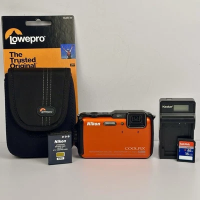 Nikon Coolpix AW120 Orange Waterproof Digital Camera 5x Zoom 16GB SD Card, Case - Image 1 of 4