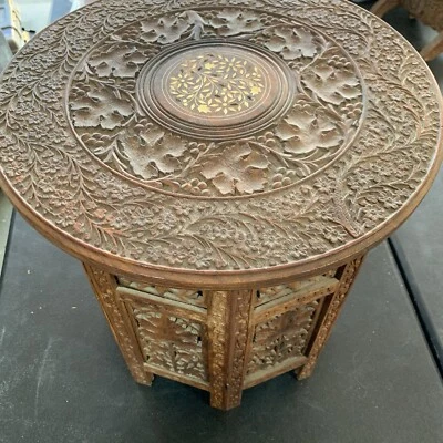 Vintage Artisan Carved Octagonal Folding Teak Side Table Inlay Anglo Indian Read - Image 1 of 4