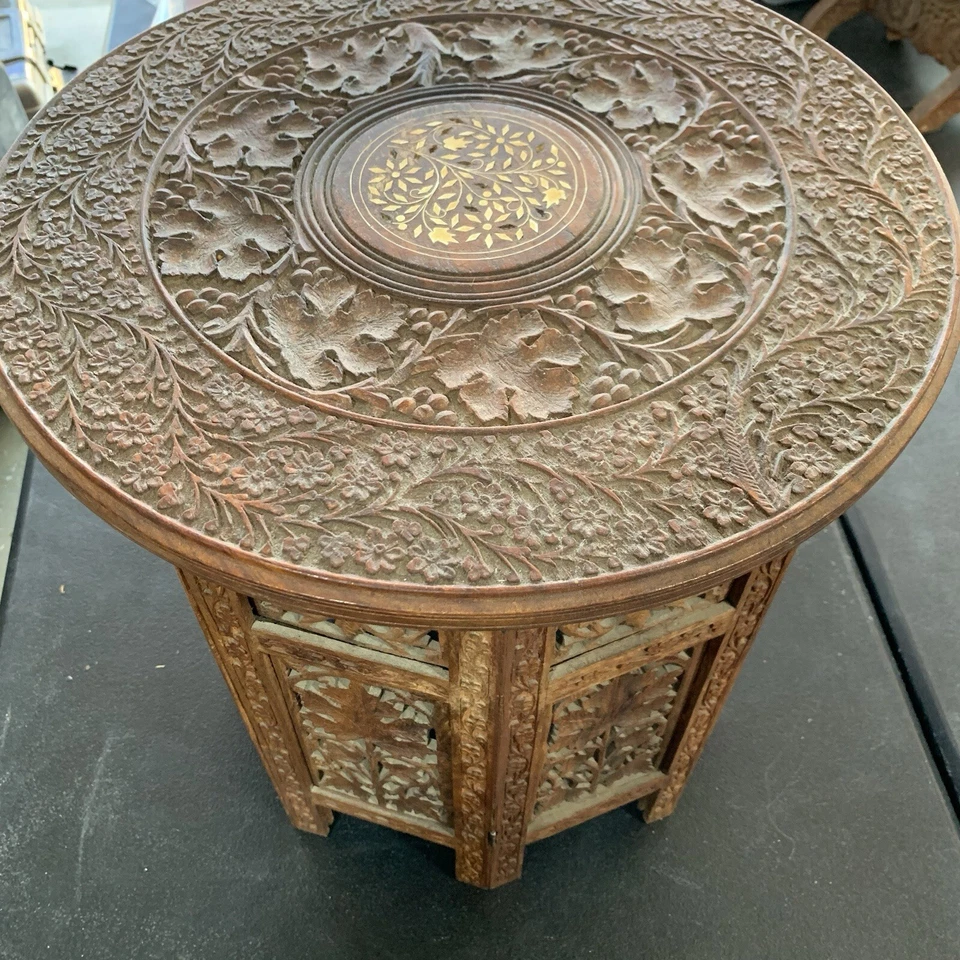 Vintage Artisan Carved Octagonal Folding Teak Side Table Inlay Anglo Indian Read - Image 1 of 4