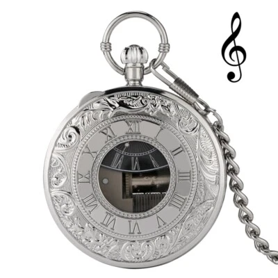 Silver Musical Movement Pocket Watch Hand Crank Playing  Swan Lake Music Watches - Image 1 of 4