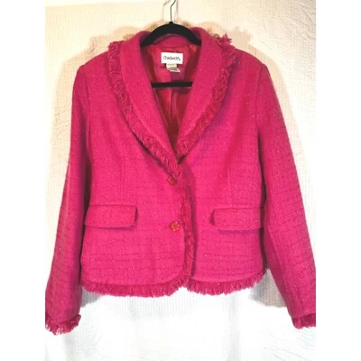 Chadwicks Pink Tweed Blazer Fringe Vintage Career Jacket Barbiecore 14P Feminine - Image 1 of 4