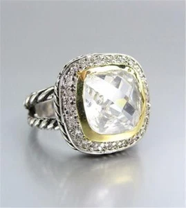 EXQUISITE 18kt Gold Plated Clear Quartz Crystal Square Antique Cable Band Ring - Picture 1 of 4