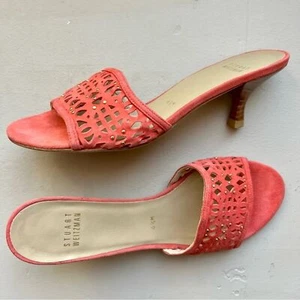 Stuart Weitzman Coral Orange Suede Slide Heeled Sandals w/ Gold Stud Accents 6.5 - Picture 1 of 11