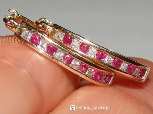 14K YELLOW GOLD RUBY & DIAMOND 9/10th INCH LEVERBACK HOOP EARRINGS - Picture 1 of 6