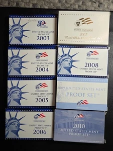 Lot of Eight US Mint Proof Sets, 2003 - 2010 with Boxes/COA's - Bild 1 von 2