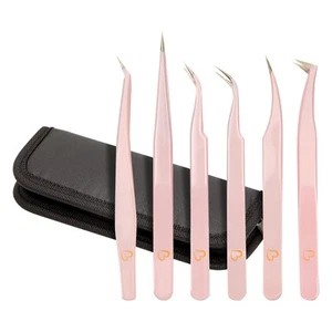 6x Light Pink Eyelash Extension Precision Tweezer Set w/ Storage Case for Women - Picture 1 of 7