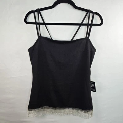 Prendas para club nocturno Express con flecos de estrás doble correa negra mediana para mujer Foto 1 de 4