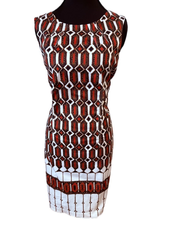 Talbots Sleeveless Dress Lined Cream Red Brown Black Size 8 Slightly Above Knee - Image 1 of 4