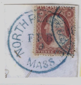 SC #26 Blue NORTH PENROSE MASS Town Cancel 3 Cent Washington 1857-1861 US 89-13 - Bild 1 von 2