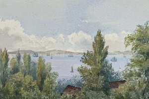 [ORESUNDSTRASSE] Aquarellansicht mit dem Titel: "Schwedische Küste ab Klampenborg." 1880 - Bild 1 von 1