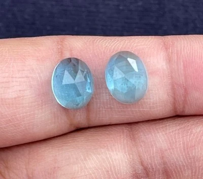 Swiss Blue Quartz Rose Cut Oval Cabochon, Loose Gemstone, 10x8 MM, 1 Pair 6Ct. - Image 1 of 4