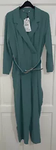 ZARA SS22 SEA GREEN LONG BELTED JUMPSUIT PLAYSUIT WITH CROSSOVER V-NECK SIZE S - Picture 1 of 12