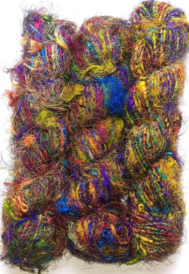 100 Grams Himalaya Recycled Pure Sari Silk Yellow Tone Woven Knitting Yarn - Image 1 of 1