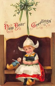 Ellen Clapsaddle Artista New Year Saludos Young Niña Muñeca Relieve Postal - Picture 1 of 2