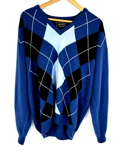 Peter Scott Hombre Suéter grande de lana de cordero azul Argyle hecho en Escocia V cuello - Imagen 1 de 12