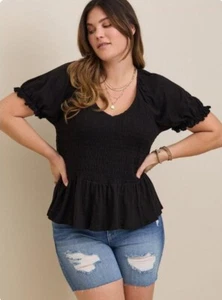 Torrid 2 Cotton Modal Slub Smocked Short Sleeve Babydoll Top Size 18-20 NWT - Picture 1 of 12
