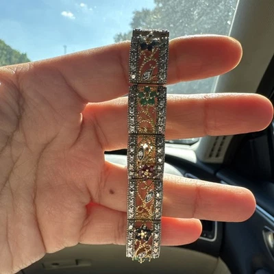 复古翡翠、蓝宝石和红宝石花卉 925 手链 — 第 1/4 张图片