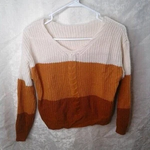 Tween Girls Colorblock Drop Shoulder Cable V-Neck Knit Sweater Size 11-12Y Earth - Picture 1 of 8