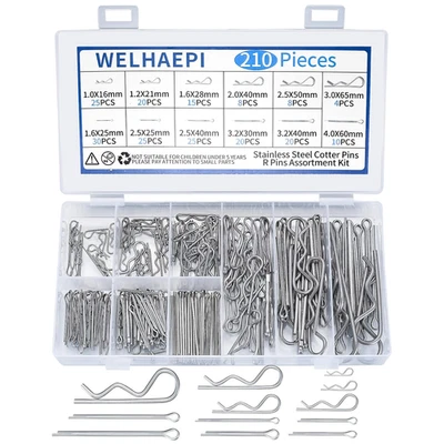 WELHAEPI 210 Pcs Cotter Pins and R Clips Assortment Kit, 304 Stainless Steel Split Pins,