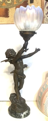 August Moreau French Spelter  Lamp "L'AMOUR AU PAPILLON " Cupid+ Butterfly -read - Image 1 of 4
