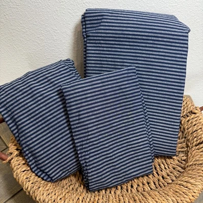 JUEGO DE SÁBANAS DE PERCAL ORGÁNICO A RAYAS BOXTER GRANERO CERÁMICA, DOBLE XL ~ AZUL MARINO/GRIS CLARO Foto 1 de 4
