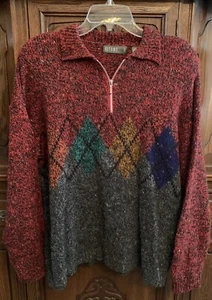 Vintage 80s Gitano Sweater Large Multicolor Argyle Speckled 1/4Zip Shoulder Pads - Picture 1 of 9