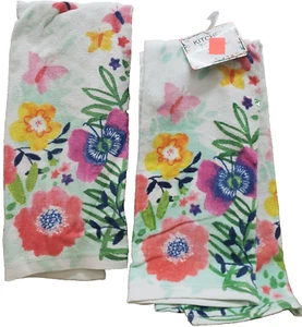 Set of 2 Same Kitchen Towels (15"x25") MULTICOLOR BUTTERFLIES & FLOWERS # 3, AM - Picture 1 of 11