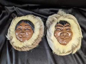 Two (2) 1950s Native Alaskan Plaque Faces Man Woman by Lonnie H Temple Handmade - Picture 1 of 7