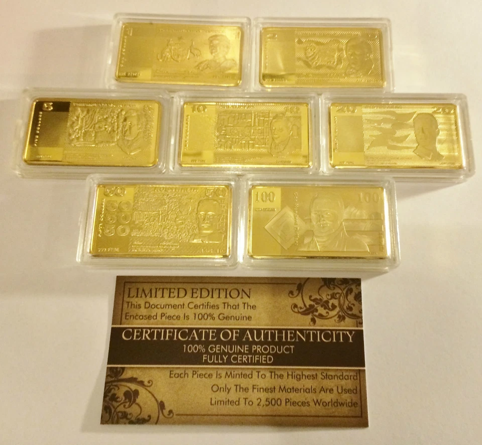C.O.A. Set of 7 x 1 Troy OZ OLD AUST NOTE SERIES Ingots Finished in 999 24k Gold - image 1 of 1