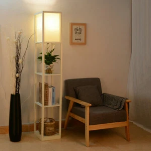 LED Wooden Floor Lamp Standard Light Linen Shades 3-Tier Storage Shelves White - Picture 1 of 7