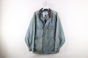 Vintage 80s Dockers x Levis Mens Medium Distressed Leather Collar Denim Jacket - Picture 1 of 17