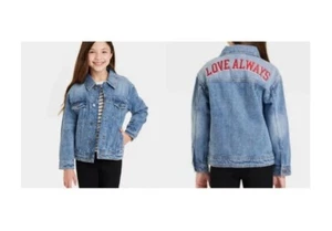 Cat & Jack Girls M 8 Love Always Denim Jacket 100% Cotton Blue Medium Wash NWT - Picture 1 of 7