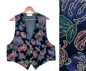 Vintage Lisa Josephs Vest Womens L Black Floral Western Casual Button Front - Picture 1 of 22
