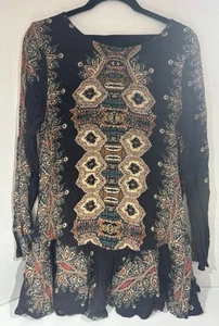 Free People Smooth Talker Black Print Boho Festival Mini Dress Size M - Picture 1 of 9