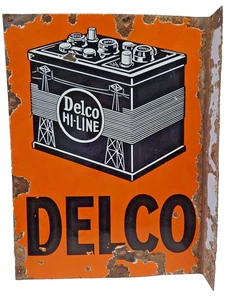 Insegna Smaltata Porcellana Delco Vintage Batteria Pubblicità Doppia Faccia Garag 24x18 - Foto 1 di 8