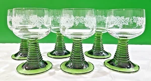 Vtg Luminac Roemer Set Of 6 Green Stemmed Etched Wine Glass - Picture 1 of 3