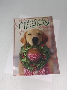 Hallmark Christmas Card: Golden Retriever Holding Wreath Welcome Happiness Hope - Picture 1 of 5