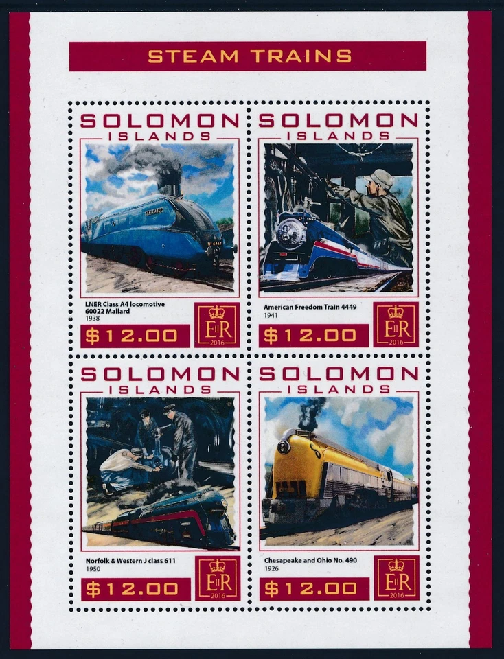 Mini hoja de trenes de vapor Islas Salomón 2016 (4 sellos) fina como nueva MNH Foto 1 de 1