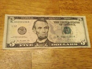 BIRTHDAY VERY FANCY SERIAL NUMBER 2013 $5 FIVE DOLLAR BILL - ML 60200100 K - Picture 1 of 1