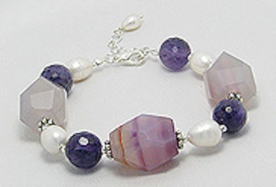 Solid Sterling Silver Purple Amethyst Freshwater Pearl Agate Bracelet 8" to 9" - Image 1 of 2