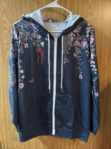 Women’s Full Zip Hoodie Size Large Blue Floral Bird Print Brand New - Picture 1 of 5