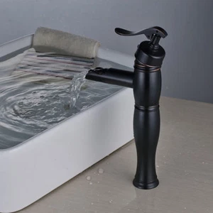 Black Brass Bathroom Sink Faucet Waterfall Vanity Basin Mixer Taps Single Handle - Picture 1 of 9